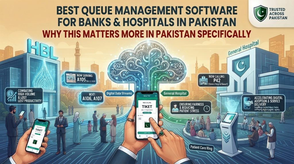 Discover how a queue management system in Pakistan reduces wait times at banks and hospitals with digital tokens, real-time displays, and SMS queuing.